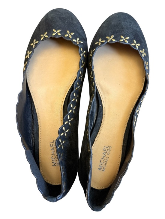 Michael Kors Shoes - Michael Kors Black Suede Scalloped Ballet Flats with Gold Flower Studs